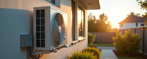 Maison individuelle avec unité extérieure de climatisation installée sur la façade, dans un environnement épuré et ensoleillé