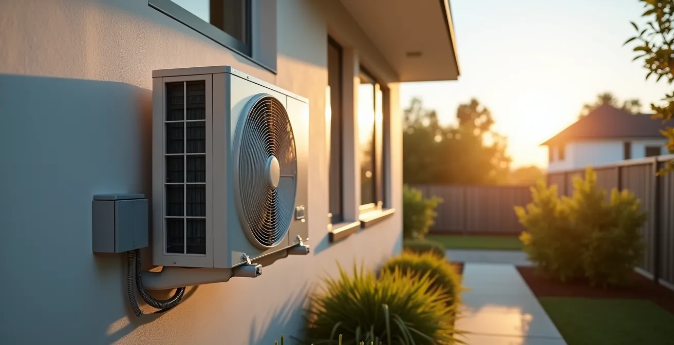 Maison individuelle avec unité extérieure de climatisation installée sur la façade, dans un environnement épuré et ensoleillé