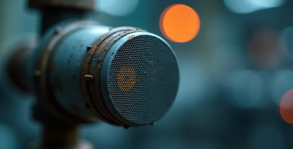 Détail macro d'un capteur de qualité d'air en milieu industriel Détail macro d'un capteur de qualité d'air en milieu industriel