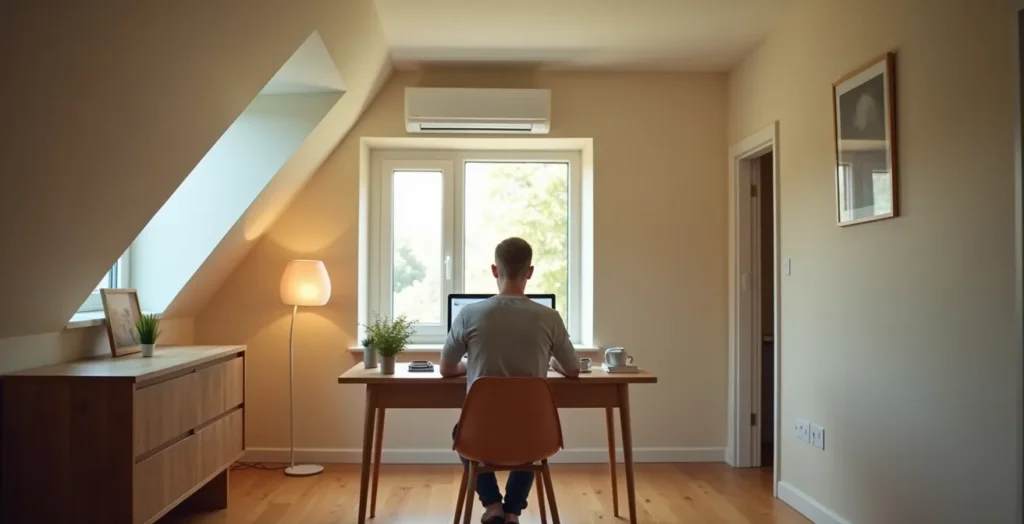 Intérieur confortable d'une chambre mansardée avec climatiseur mural installé au-dessus de la porte, diffusant de l'air frais
