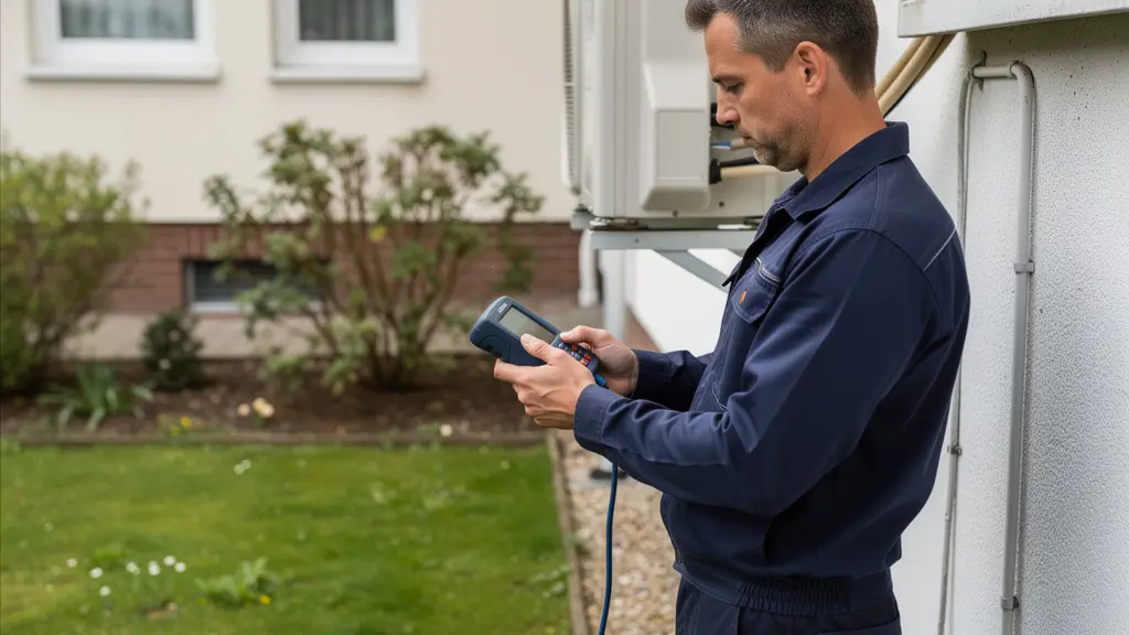 Technicien installateur inspectant une unité extérieure de climatisation