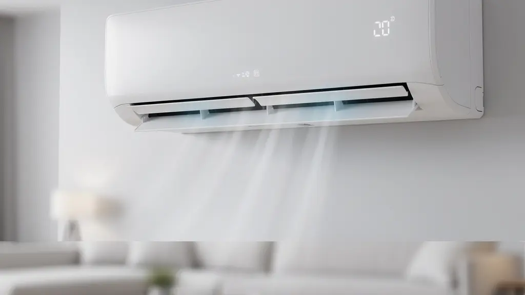 Unité intérieure de climatiseur mural en fonctionnement avec flux d'air visible