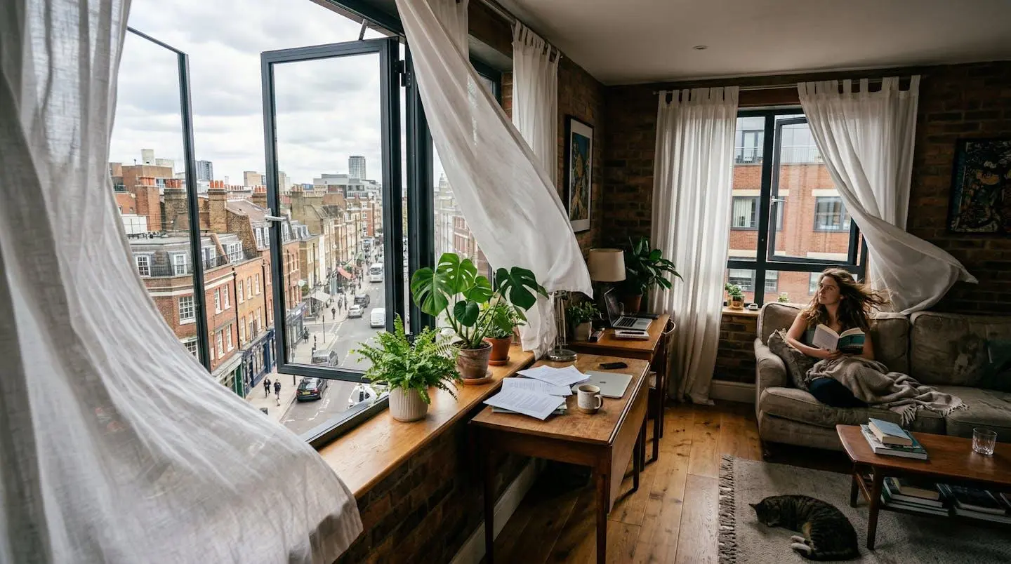 Fenêtre grande ouverte créant un courant d'air dans un appartement urbain
