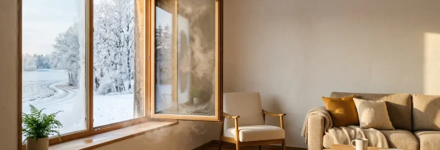 Fenêtre grande ouverte en hiver avec vapeur d'air chaud visible s'échappant dans l'air froid extérieur