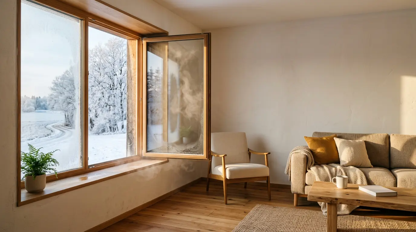 Fenêtre grande ouverte en hiver avec vapeur d'air chaud visible s'échappant dans l'air froid extérieur