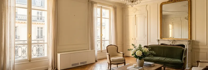 Salon haussmannien avec console de climatisation intégrée dans le décor architectural