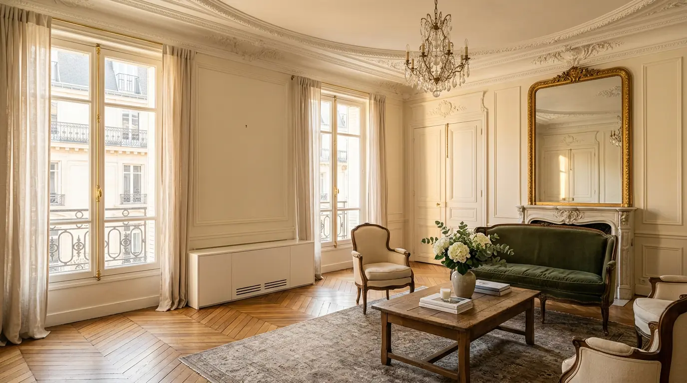 Salon haussmannien avec console de climatisation intégrée dans le décor architectural