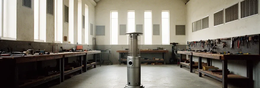 Atelier professionnel spacieux avec système de ventilation visible et chauffage gaz mobile au centre, lumière naturelle filtrant par les fenêtres hautes