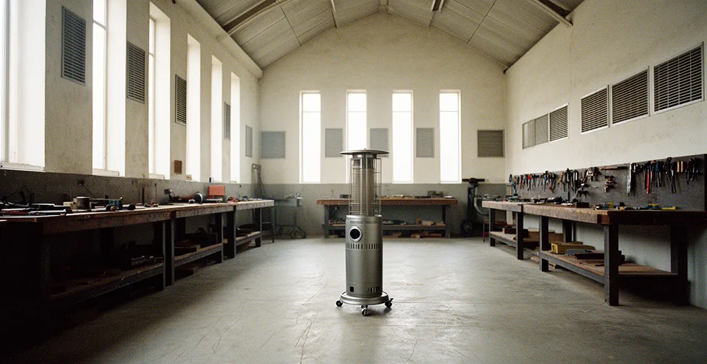 Atelier professionnel spacieux avec système de ventilation visible et chauffage gaz mobile au centre, lumière naturelle filtrant par les fenêtres hautes