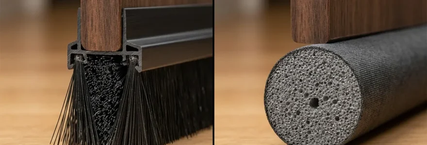 Vue détaillée comparative d'un bas de porte avec brosse et boudin isolant sur sol carrelé