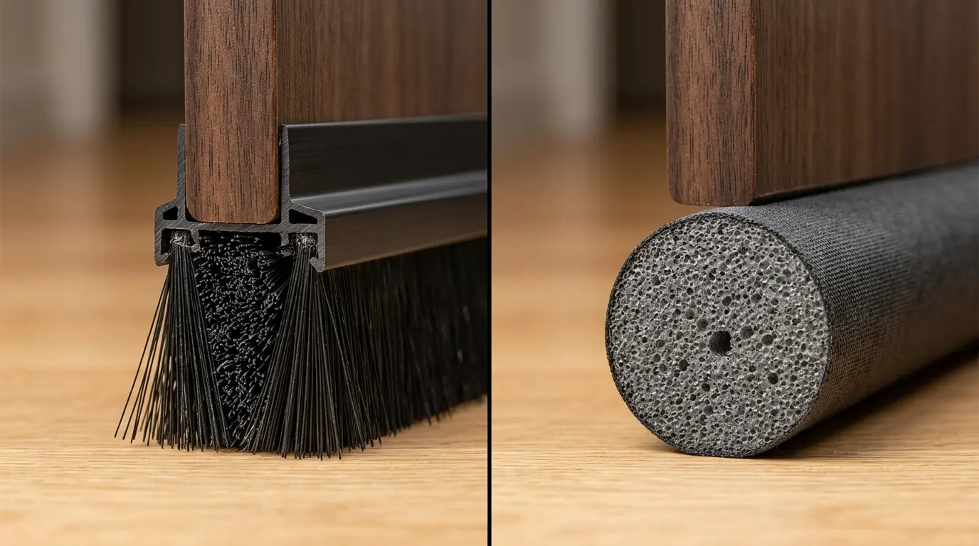 Vue détaillée comparative d'un bas de porte avec brosse et boudin isolant sur sol carrelé