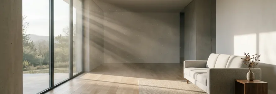 Intérieur lumineux avec canapé neuf et visualisation artistique des émissions invisibles dans l'air