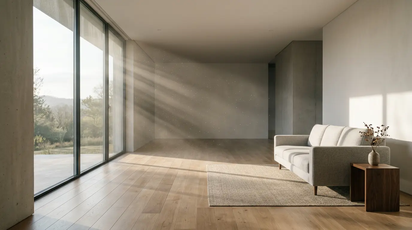 Intérieur lumineux avec canapé neuf et visualisation artistique des émissions invisibles dans l'air