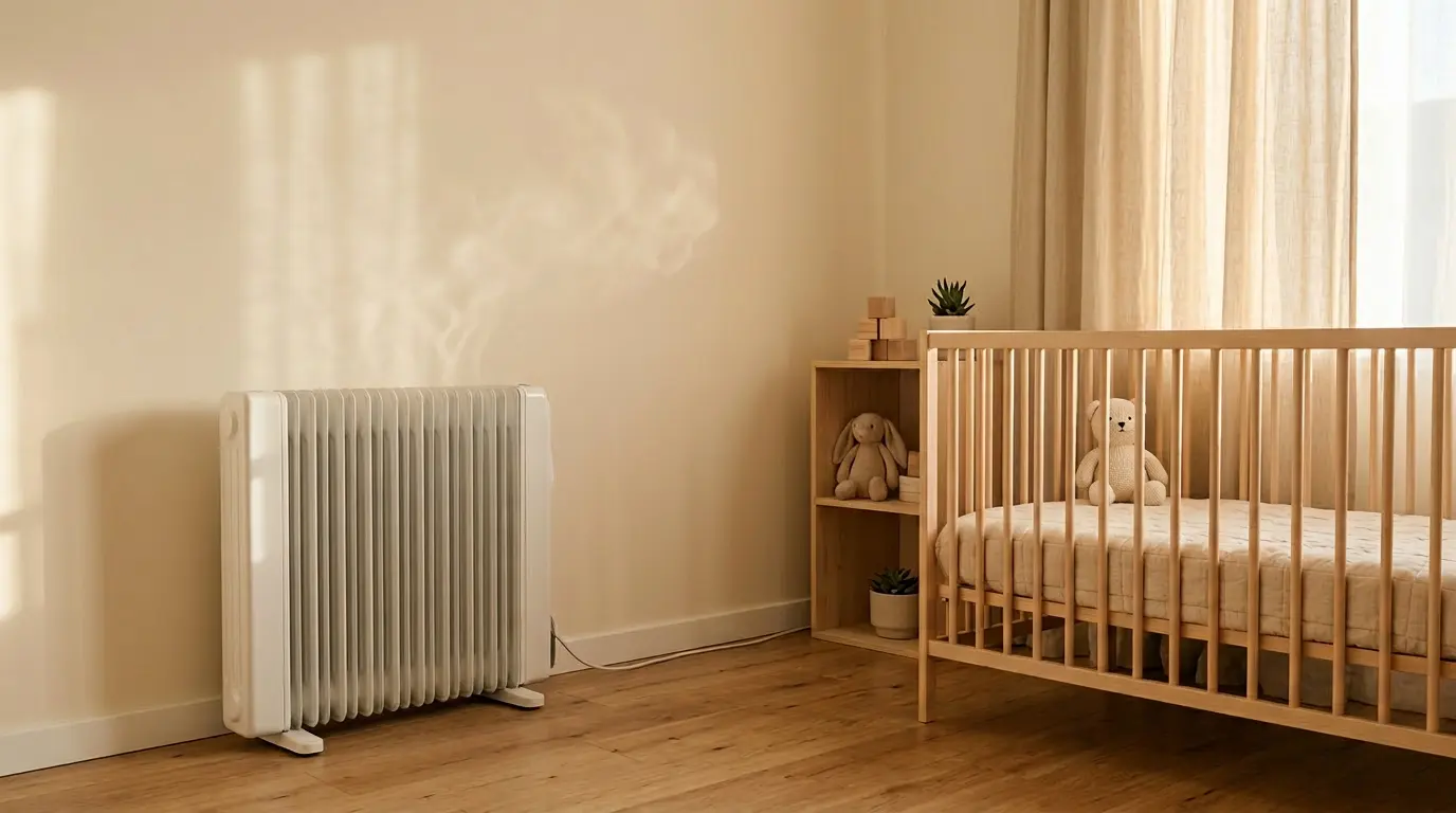 Chambre de bébé chaleureuse avec radiateur sécurisé et ambiance douce