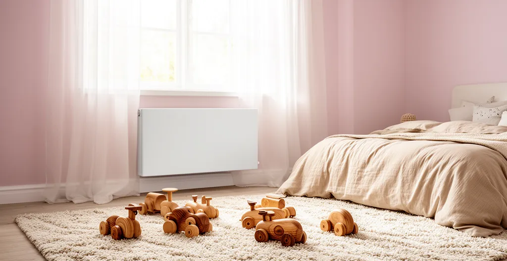 Chambre d'enfant chaleureuse avec radiateur à inertie moderne et sécurisé