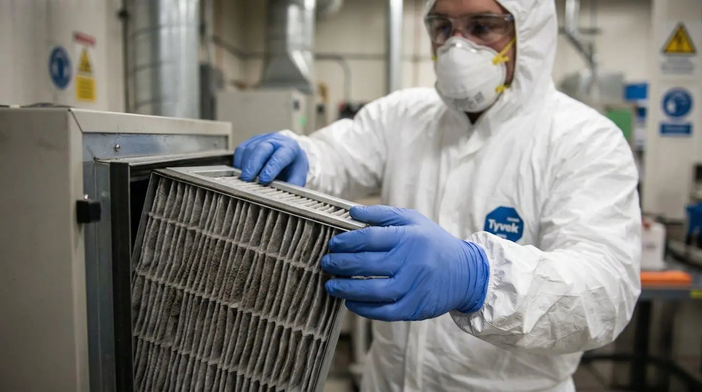 Mains gantées retirant délicatement un filtre HEPA usagé avec équipement de protection