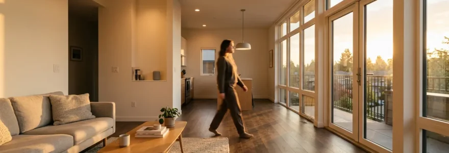 Maison moderne équipée de capteurs intelligents pour le chauffage avec système de géolocalisation