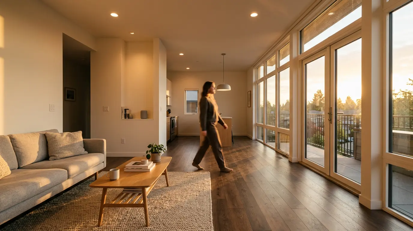 Maison moderne équipée de capteurs intelligents pour le chauffage avec système de géolocalisation