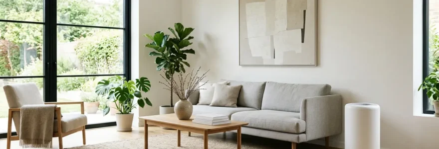 Salon moderne avec purificateur d'air HEPA et visualisation de flux d'air purifié