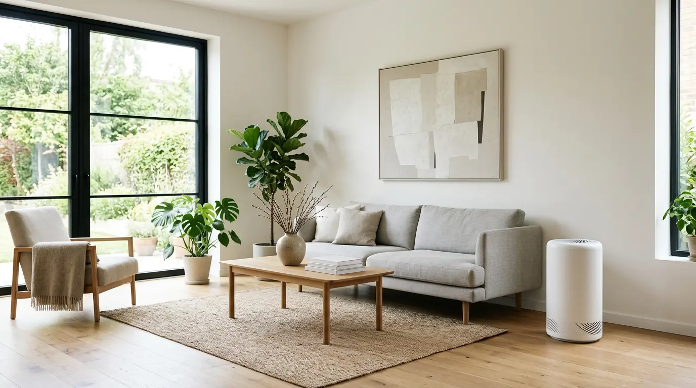 Salon moderne avec purificateur d'air HEPA et visualisation de flux d'air purifié