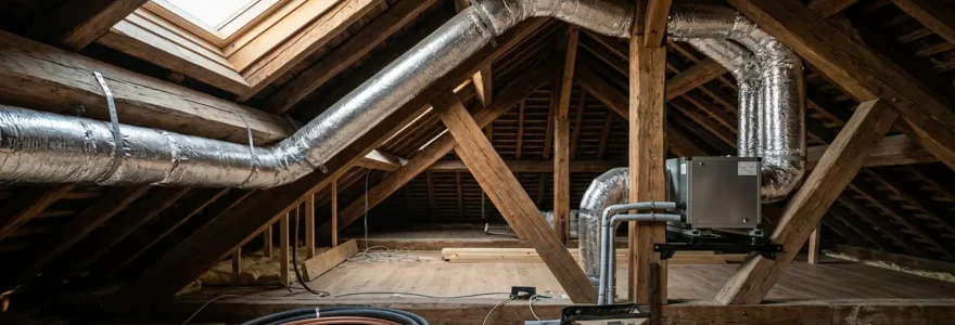 Installation de climatisation gainable dans des combles aménagés avec gaines isolées et grilles discrètes