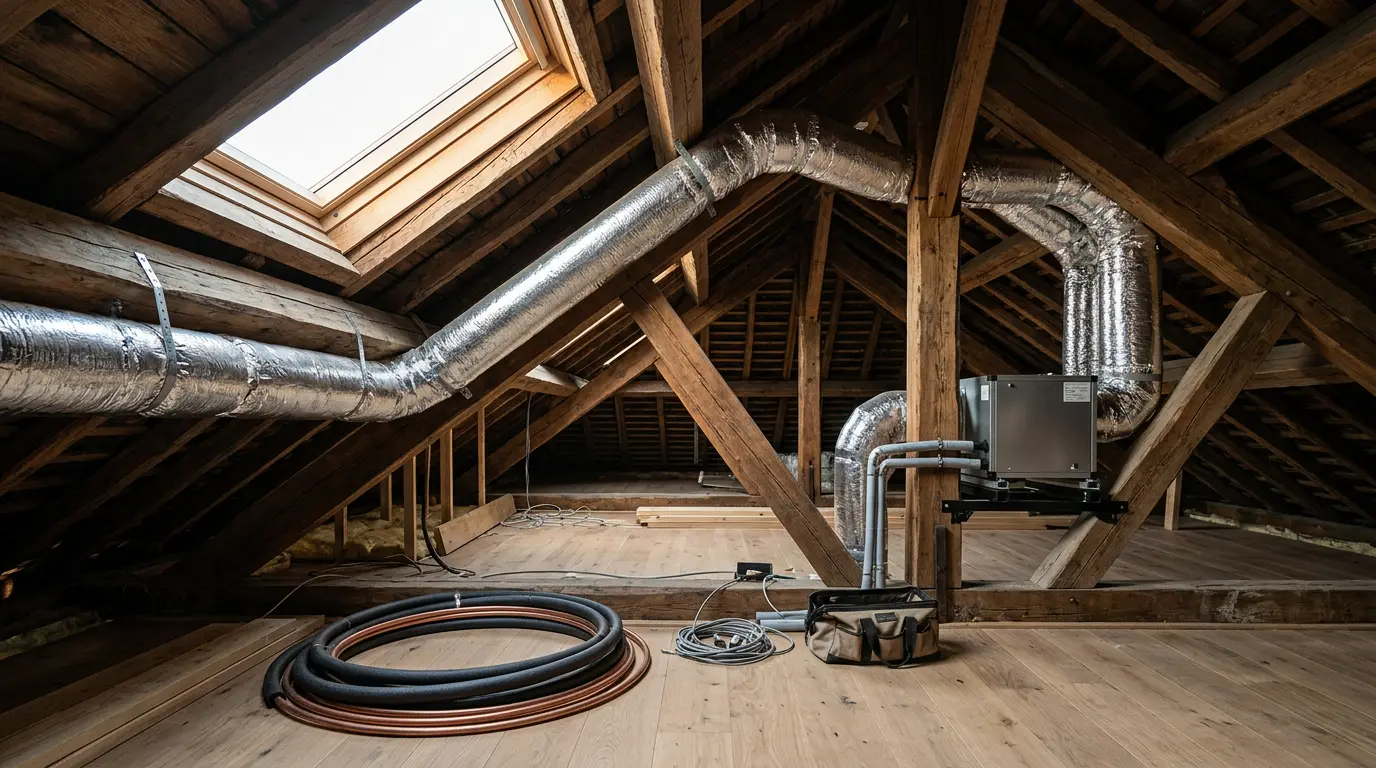 Installation de climatisation gainable dans des combles aménagés avec gaines isolées et grilles discrètes