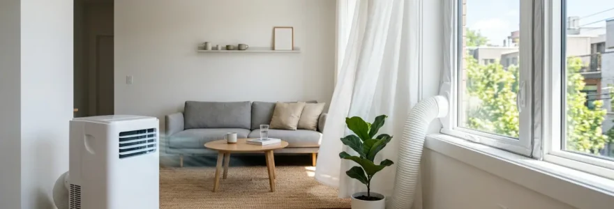 Appartement lumineux avec climatiseur mobile et fenêtre étanchéifiée lors d'une journée d'été