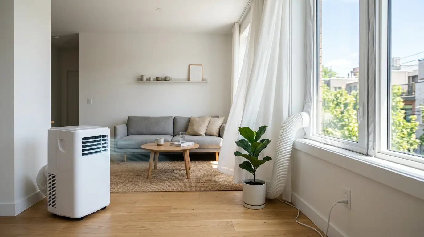 Appartement lumineux avec climatiseur mobile et fenêtre étanchéifiée lors d'une journée d'été
