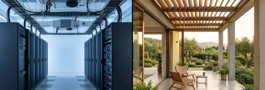 Vue intérieure moderne montrant une solution de refroidissement économe en énergie pour un espace technique avec serveurs et une véranda ensoleillée
