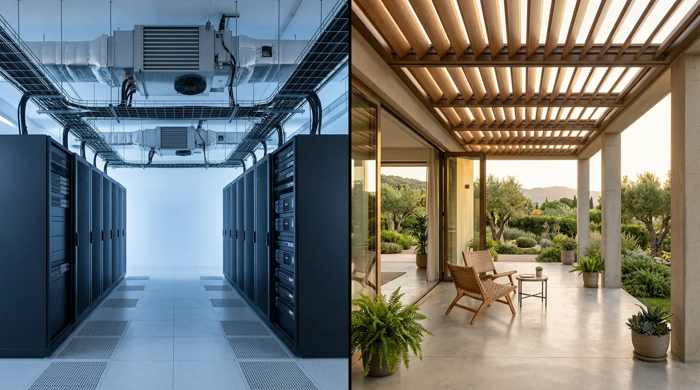 Vue intérieure moderne montrant une solution de refroidissement économe en énergie pour un espace technique avec serveurs et une véranda ensoleillée