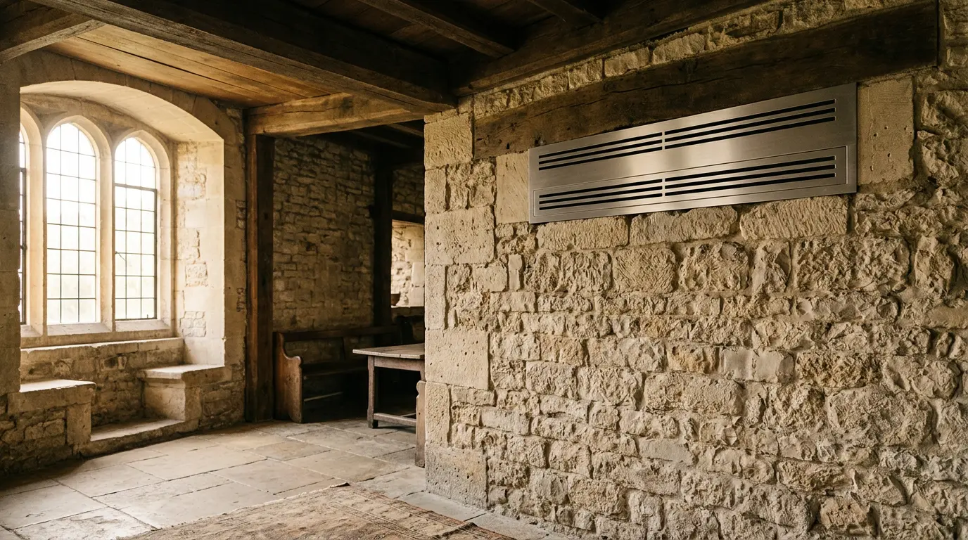 Installation d'un climatiseur monobloc dans un mur en pierre d'un bâtiment classé