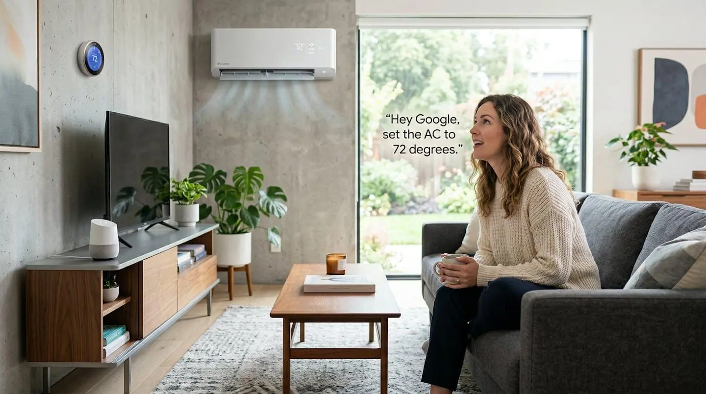 Personne utilisant la commande vocale pour contrôler sa climatisation dans un salon moderne