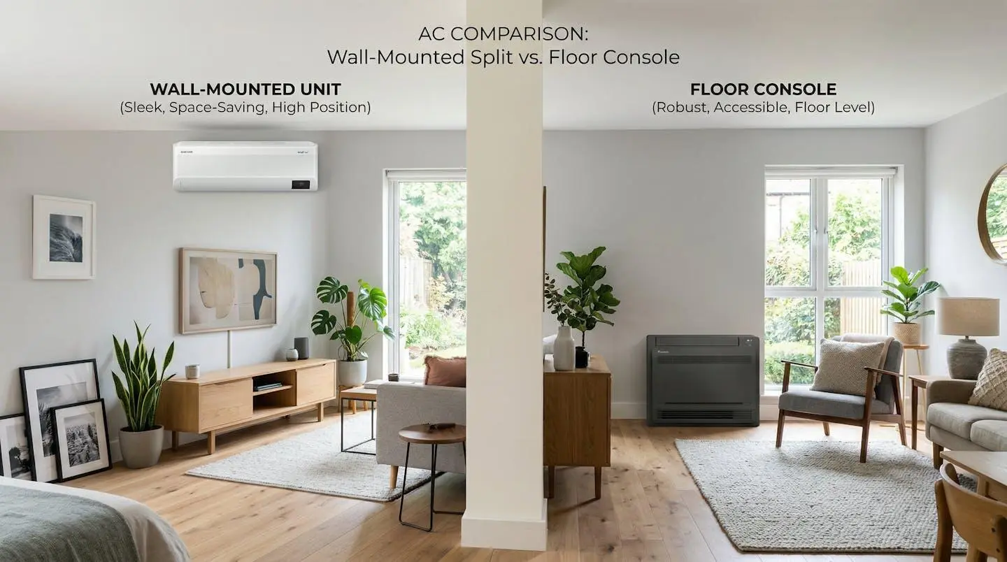 Comparaison visuelle entre une unité murale et une console de climatisation dans un salon rénové