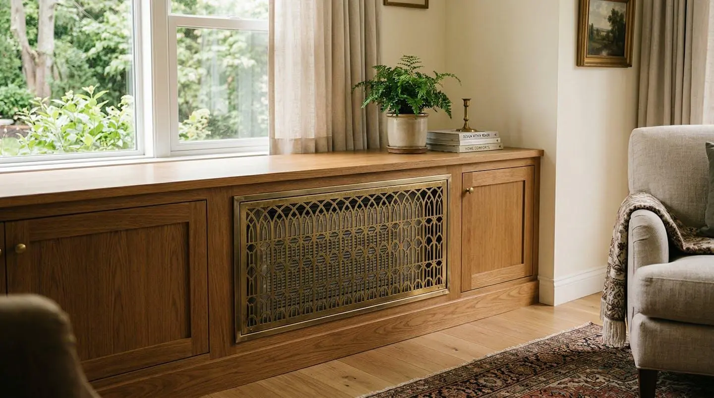 Console de climatisation semi-encastrée dans un meuble bas en bois avec grille décorative en laiton
