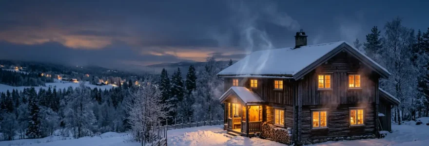 Vue thermographique d'une maison montrant les zones de déperdition de chaleur en hiver