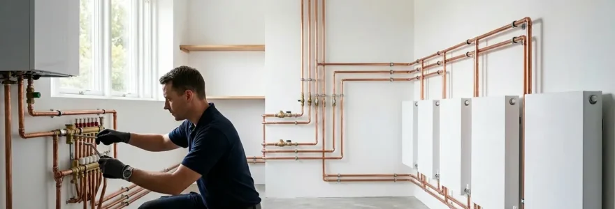Vue détaillée d'un système de chauffage central avec radiateurs et tuyauterie en cours d'équilibrage