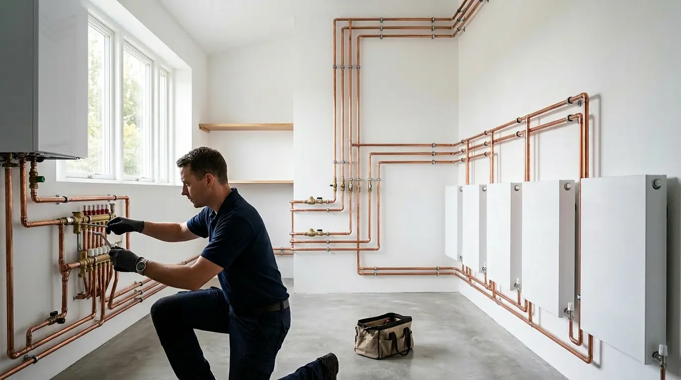 Vue détaillée d'un système de chauffage central avec radiateurs et tuyauterie en cours d'équilibrage