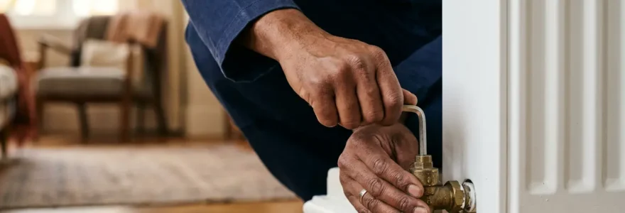Technicien ajustant le té de réglage d'un radiateur avec une clé allen dans une maison