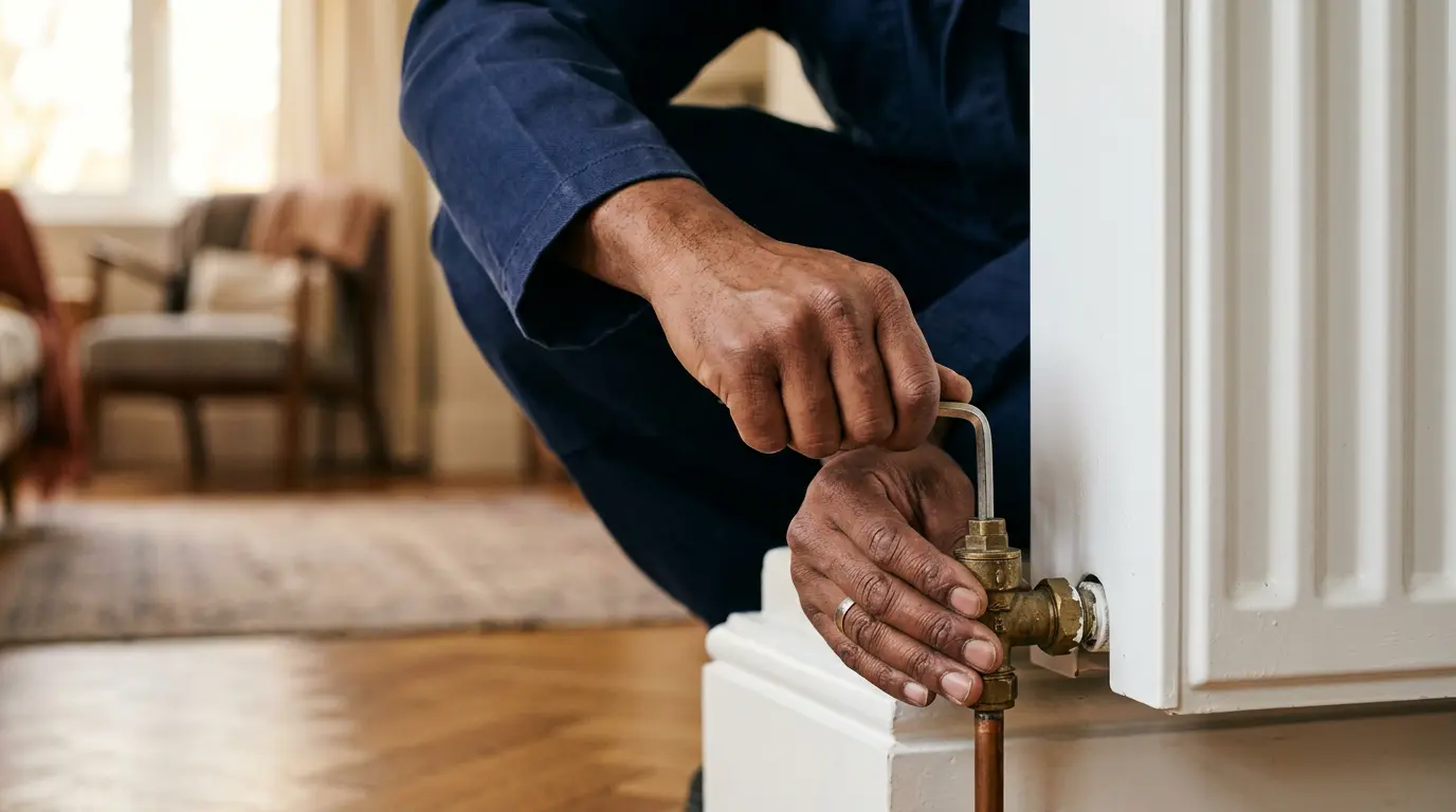 Technicien ajustant le té de réglage d'un radiateur avec une clé allen dans une maison