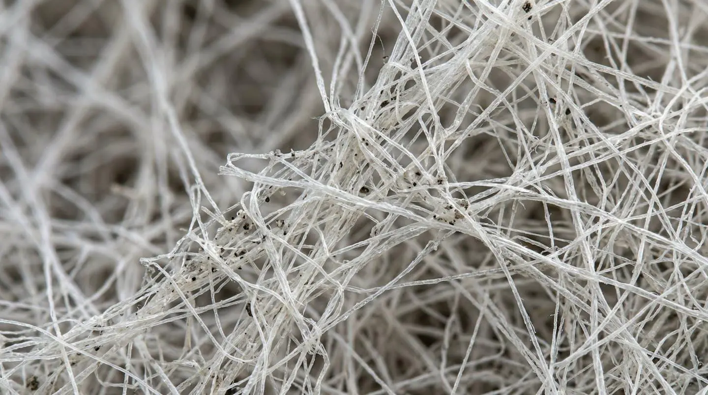 Vue macro détaillée des fibres d'un filtre HEPA H13 montrant la structure complexe de filtration