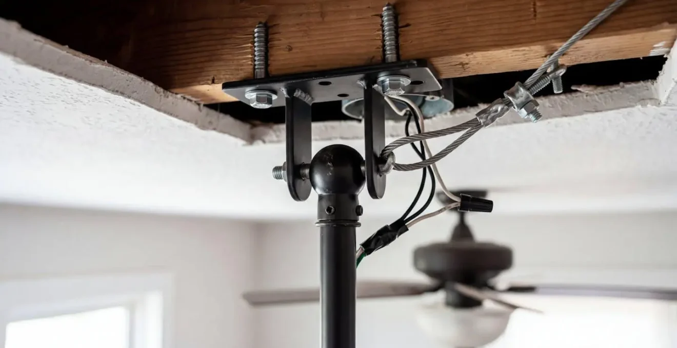 Gros plan sur système de fixation sécurisé d'un ventilateur au plafond