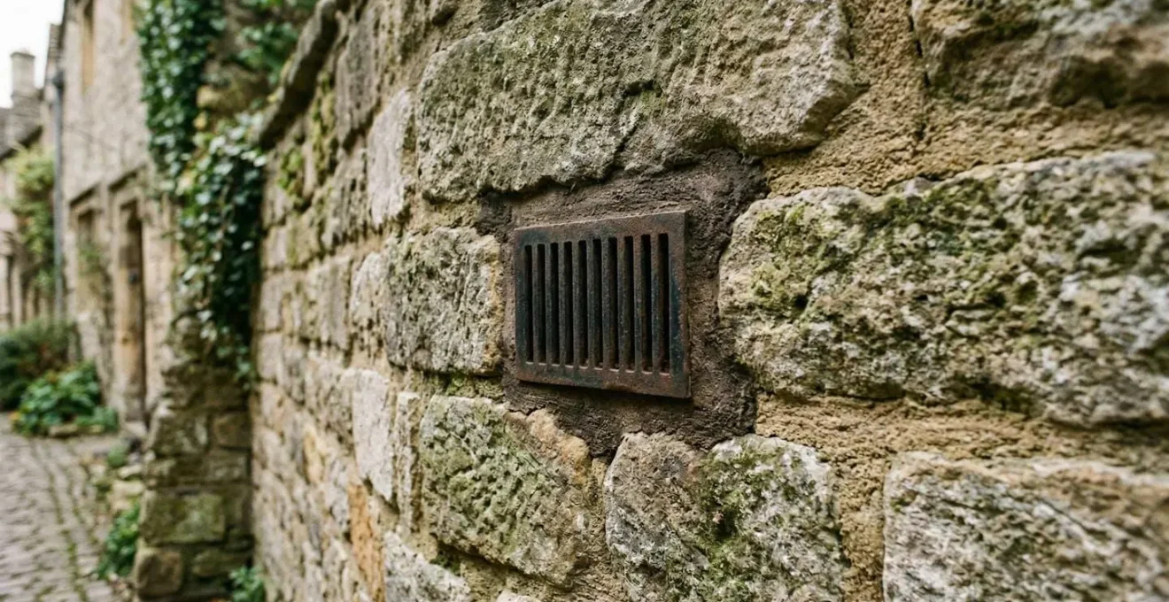 Grille de ventilation discrète intégrée dans un mur en pierre ancienne