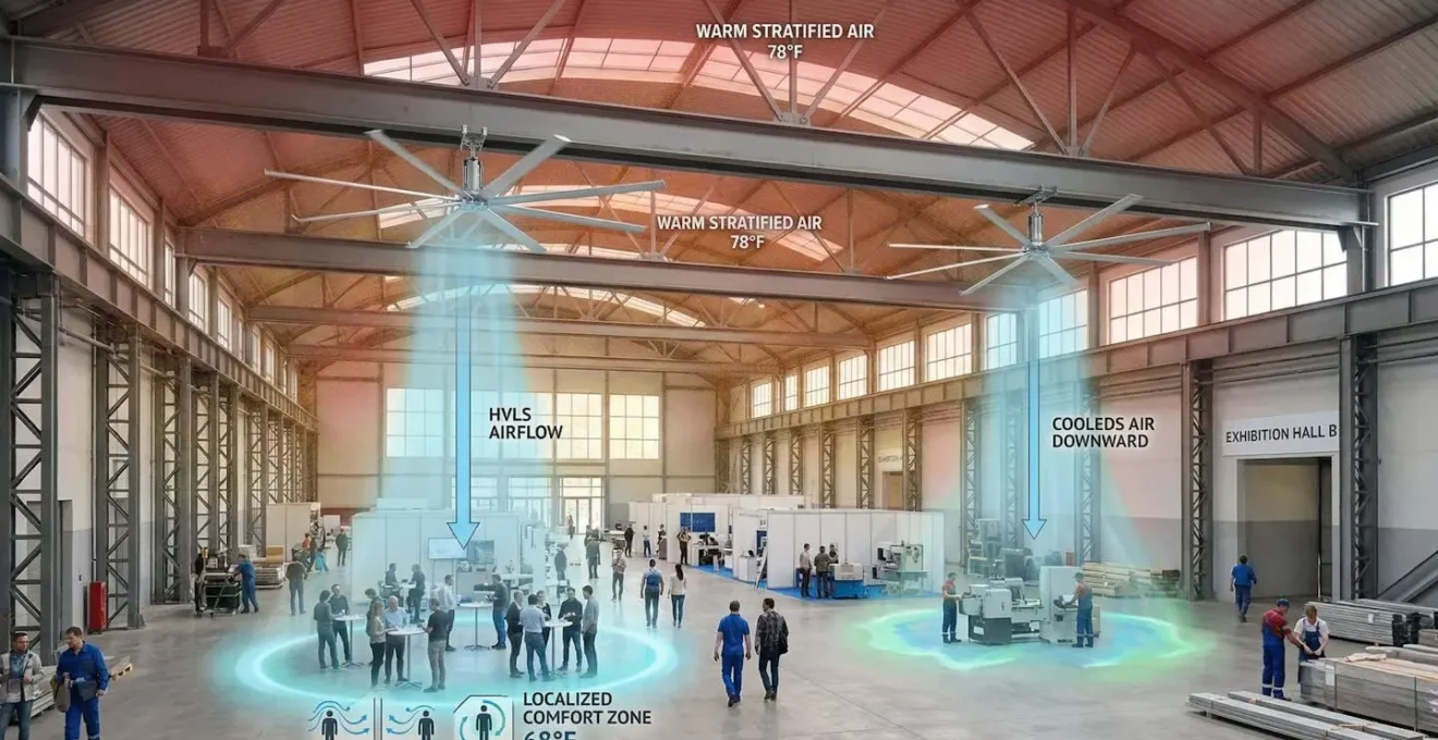 Grand hall avec ventilateurs HVLS au plafond et zones de confort localisées montrant la stratification de l'air