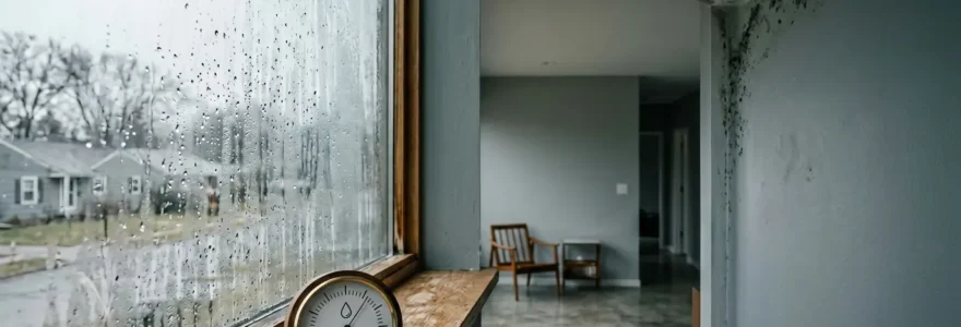 Hygromètre affichant 65% dans un intérieur avec condensation et moisissure en arrière-plan