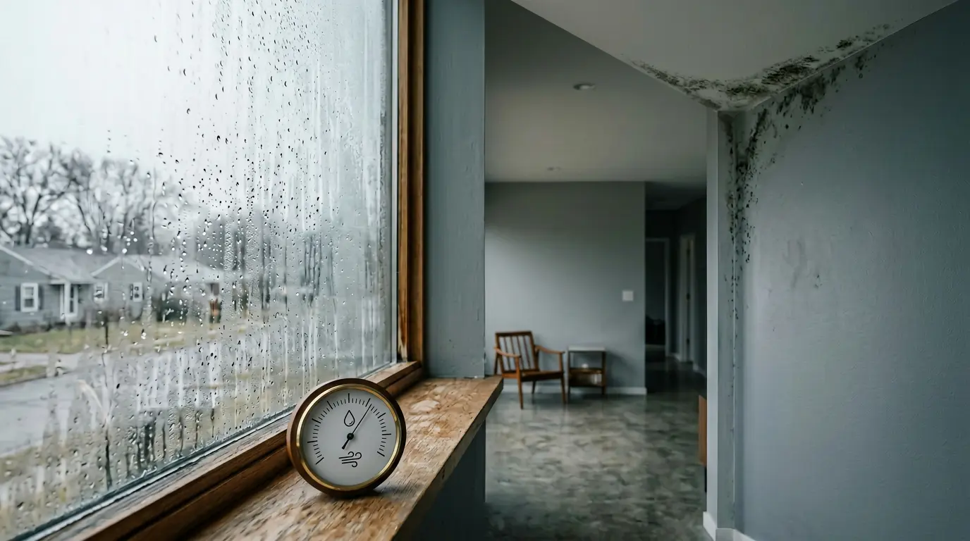 Hygromètre affichant 65% dans un intérieur avec condensation et moisissure en arrière-plan