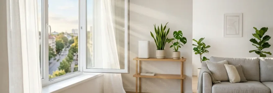 Intérieur lumineux d'un salon moderne avec des plantes vertes et une fenêtre ouverte laissant entrer l'air frais