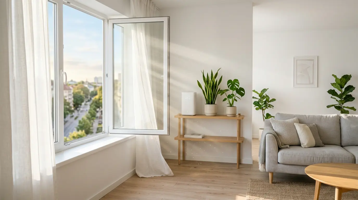 Intérieur lumineux d'un salon moderne avec des plantes vertes et une fenêtre ouverte laissant entrer l'air frais