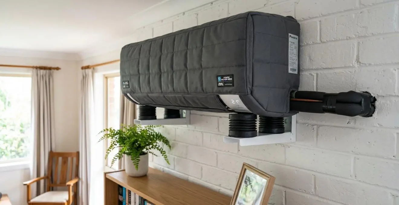 Manchons acoustiques et plots anti-vibratiles installés sur un climatiseur mural