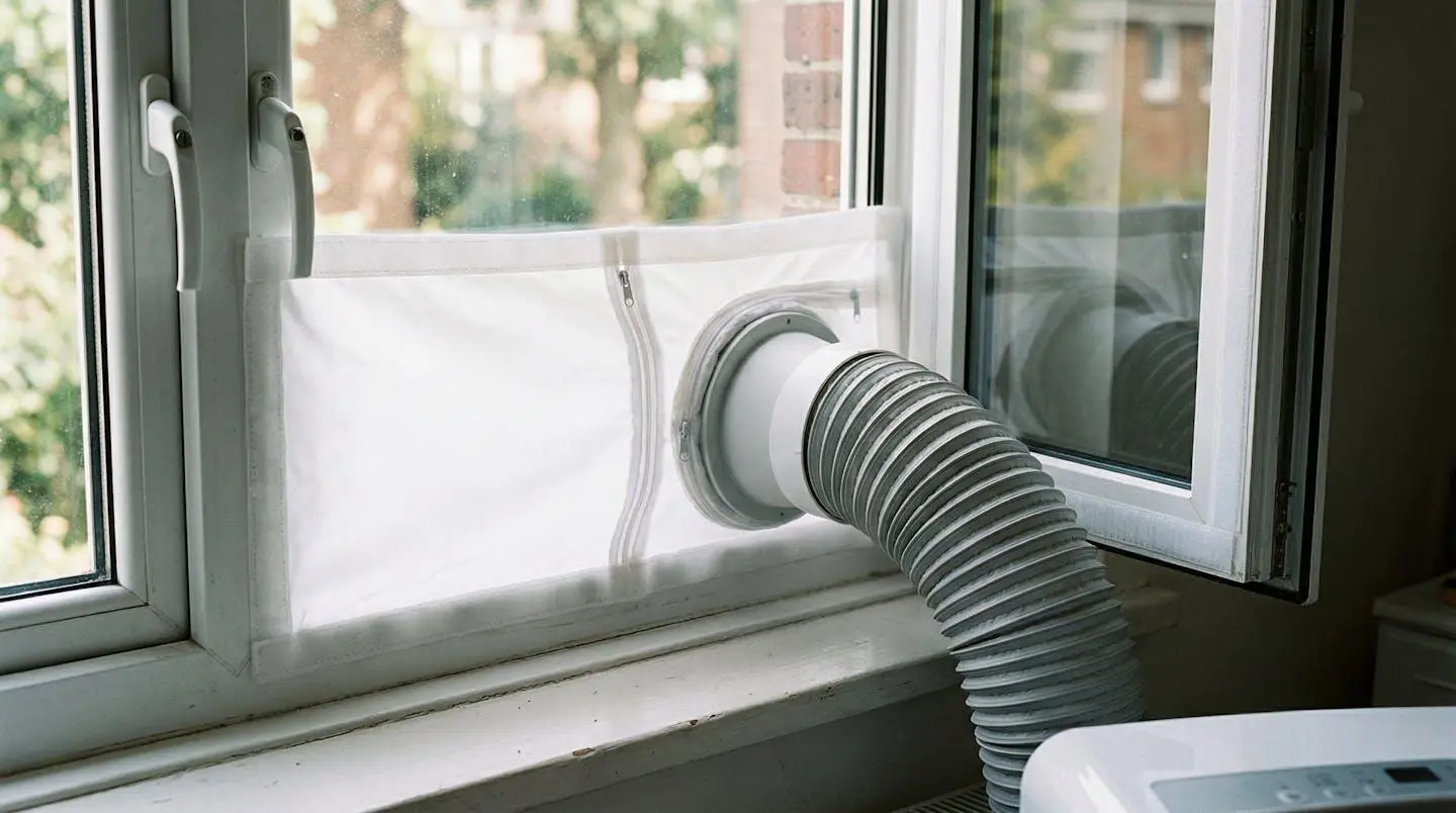 Gros plan sur une fenêtre avec kit d'étanchéité pour climatiseur installé