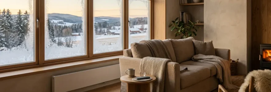 Salon chaleureux d'une maison de campagne avec vue extérieure hivernale et système de chauffage moderne